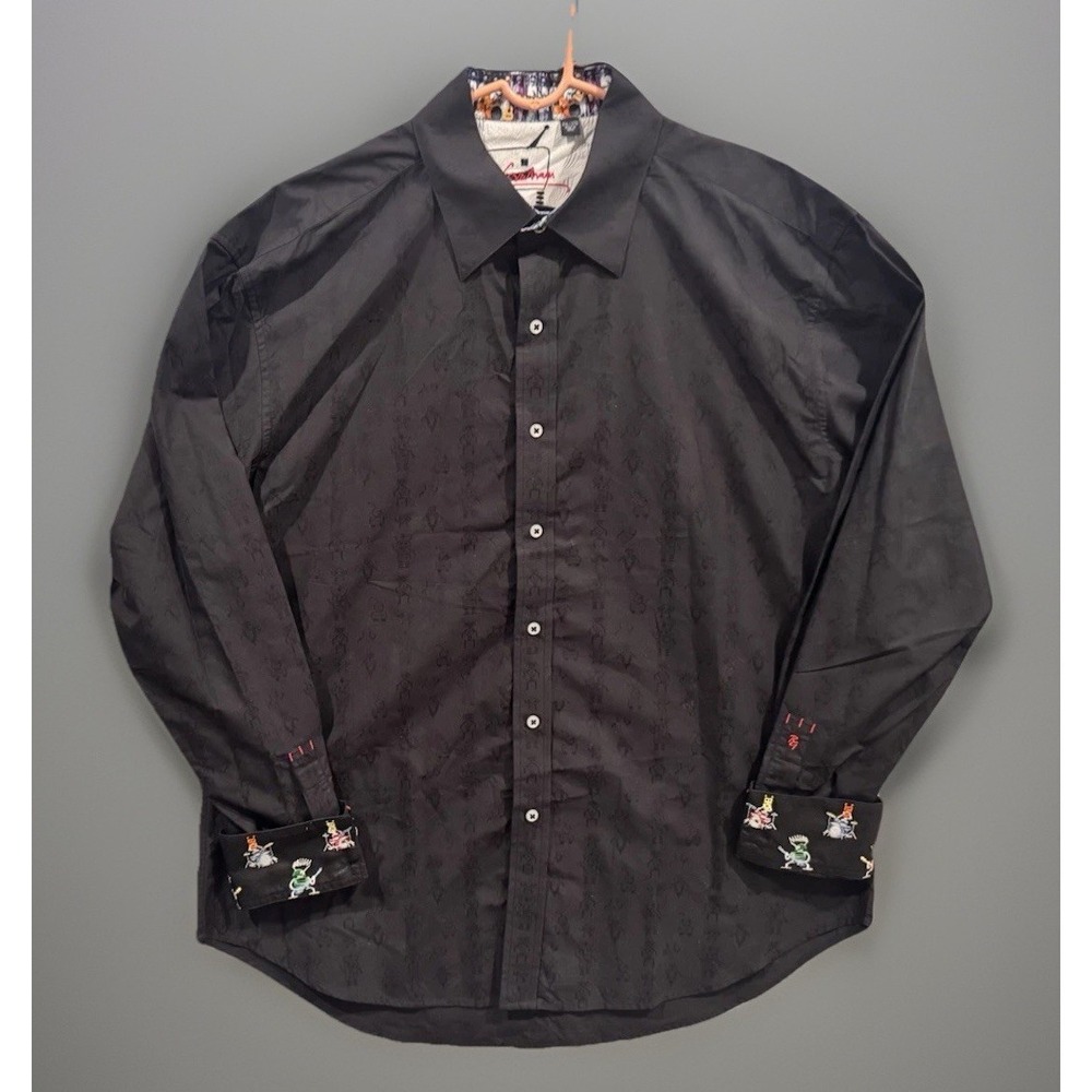Robert Graham Button Down Mens 2XL Black Robot Design AOP Flip Cuff Cotton Shirt